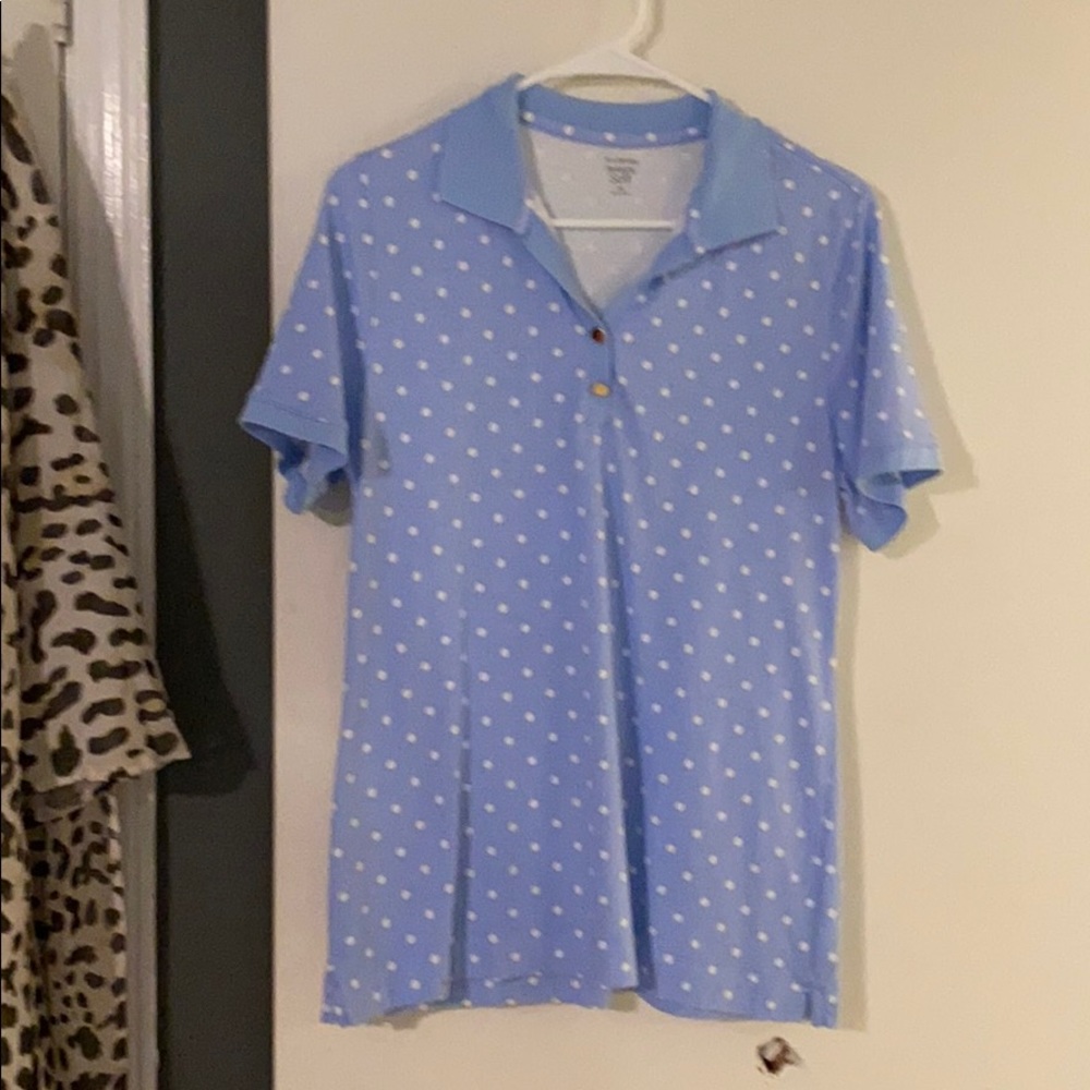 Short sleeve shirt blue with white polka dots